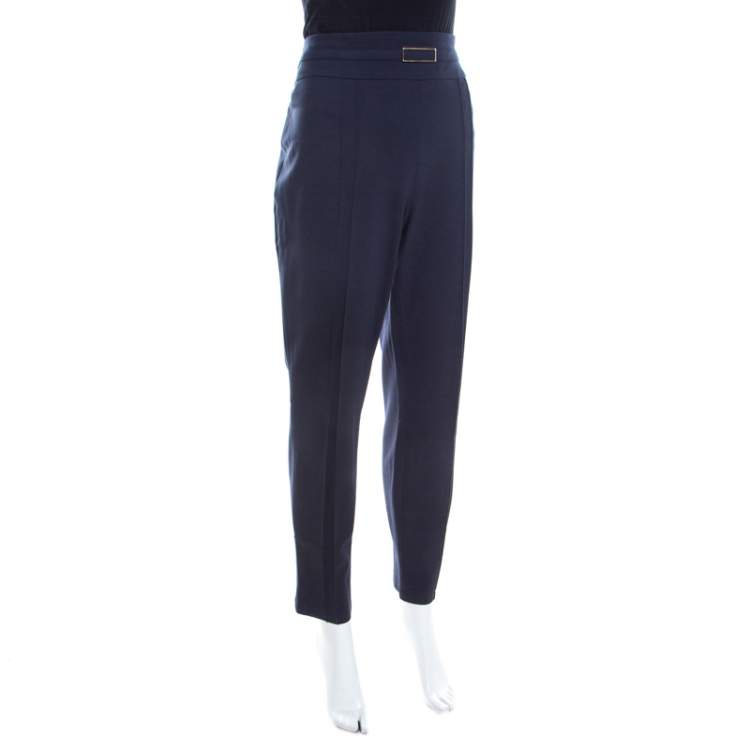 Pre Owned Escada Navy Blue Jersey Logo Buckle Detail Tanessa Tapered Pants XL