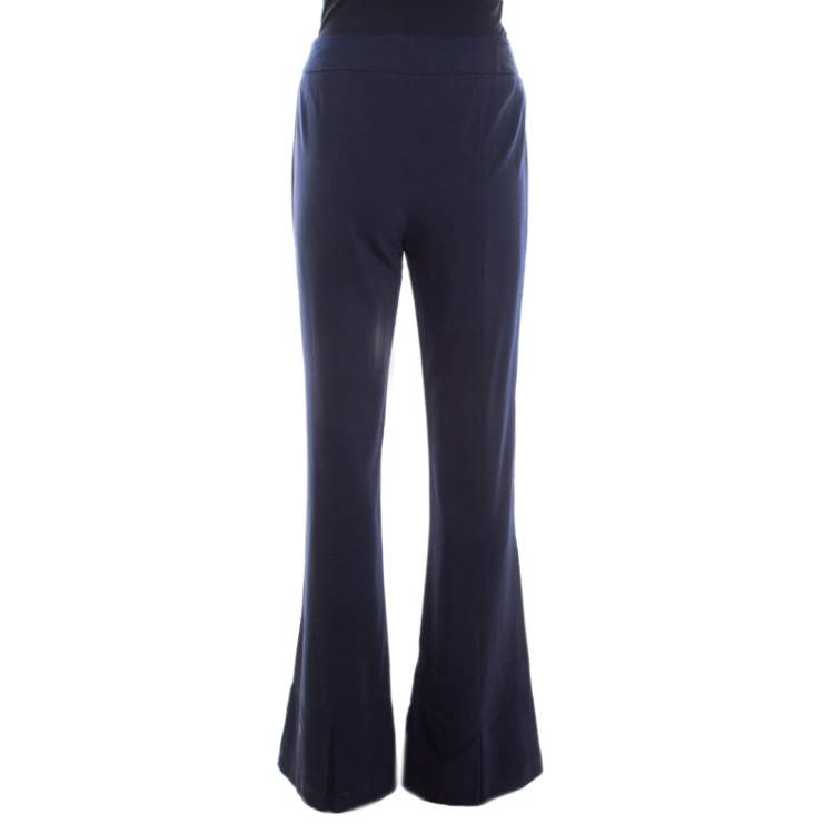 Pre Owned Escada Navy Blue Stretch Wool Crepe High Waist Peplum Hem Pants M