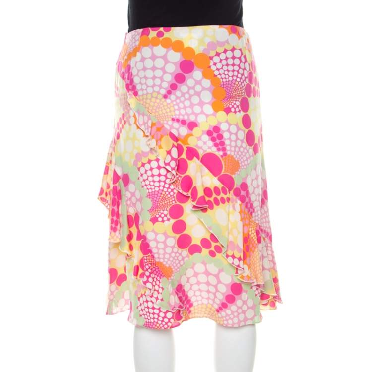 Pre Owned Escada Pink Circle Printed Silk Ruffled A Line Skirt L
