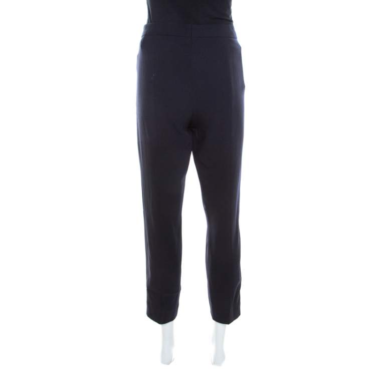 Pre Owned Escada Navy Blue Stretch Wool Crepe High Waist Cropped Tsava Trousers M