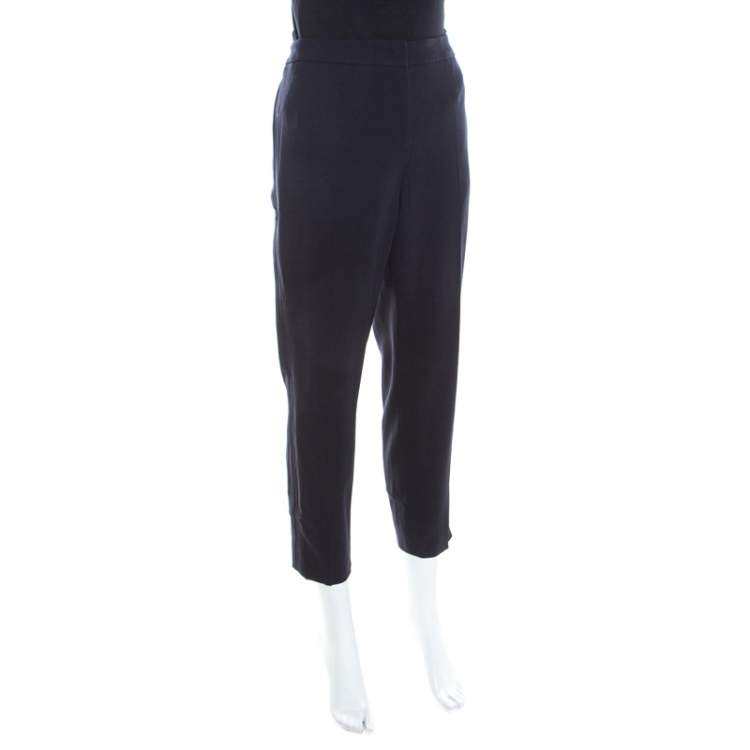 Pre Owned Escada Navy Blue Stretch Wool Crepe High Waist Cropped Tsava Trousers M