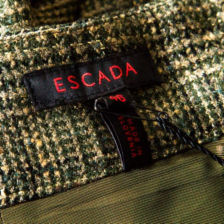 Pre Owned Escada Olive Green Metallic Plaid Wool Blend Wide Leg Trousers XXL