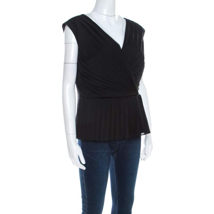 Pre Owned Escada Black Crepe Sleeveless Pleated Peplum Blouse L