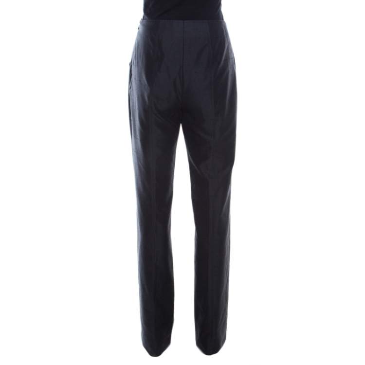 Pre Owned Escada Black Slub Cotton and Silk High Waist Straight Leg Pants M