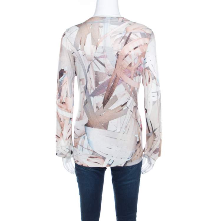 Pre Owned Escada Feather Brown Abstract Print Knit Button Front Soad Cardigan S