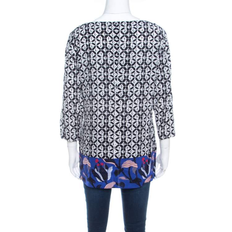 Pre Owned Escada Black Rose Motif Print Silk Contrast Panel Narayanin Tunic Blouse M