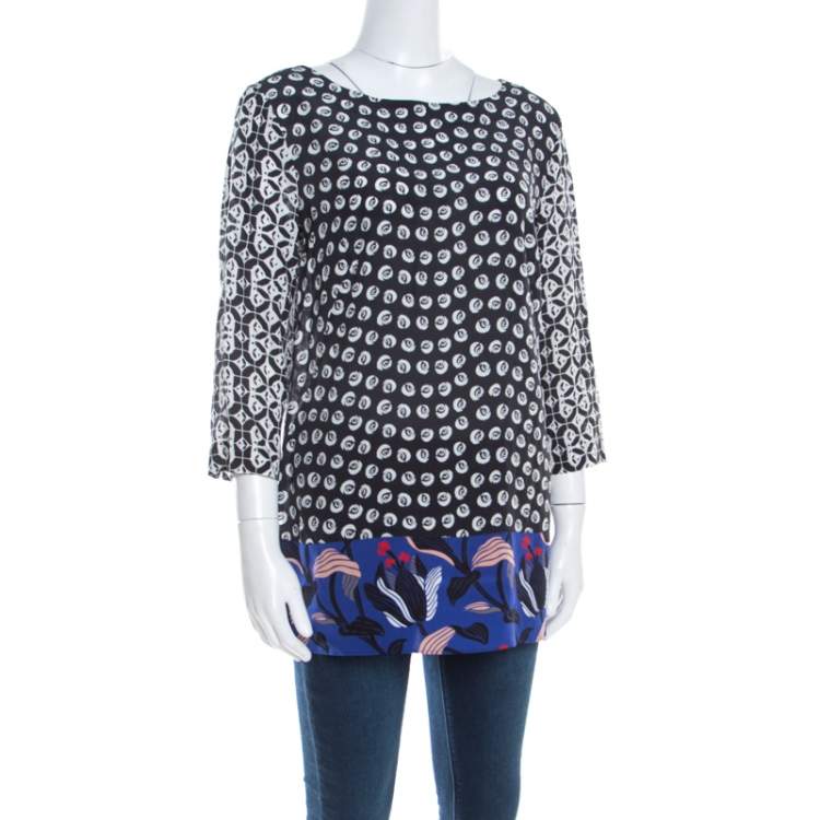 Pre Owned Escada Black Rose Motif Print Silk Contrast Panel Narayanin Tunic Blouse M