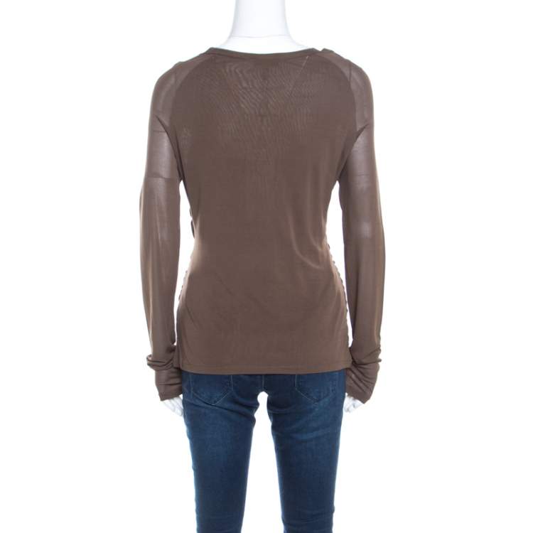 Pre Owned Escada Olive Green Stretch Knit Draped Faux Wrap Bodice Top M
