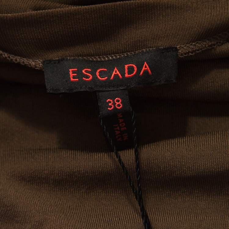 Pre Owned Escada Olive Green Stretch Knit Draped Faux Wrap Bodice Top M
