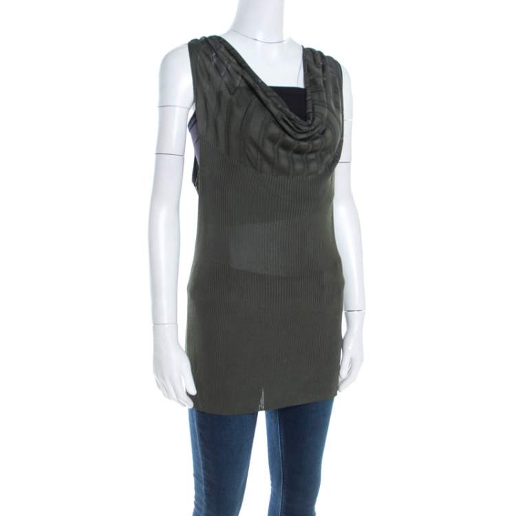 Pre Owned Escada Cactus Green Rib Knit Cowl Neck Detail Sleeveless Selali Blouse XL