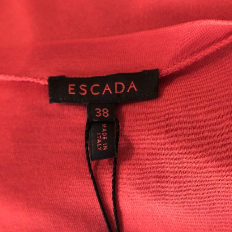Pre Owned Escada Lipstick Red Stretch Knit Draped Faux Wrap Bodice Top M