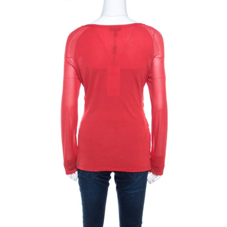 Pre Owned Escada Lipstick Red Stretch Knit Draped Faux Wrap Bodice Top M