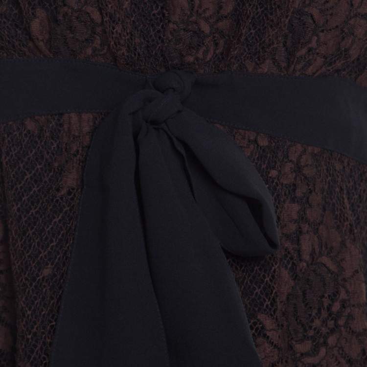 Pre Owned Escada Brown Floral Cotton Lace Babydoll Top L