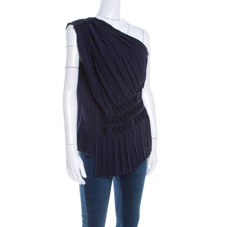 Pre Owned Escada Navy Blue Pleated Crepe Honeycomb Smocking Detail One Shoulder Nienke Top M