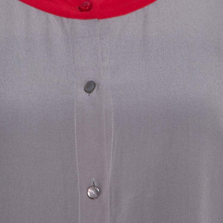 Pre Owned Escada Pewter Grey Silk Contrast Trim Long Sleeve Nendi Blouse M