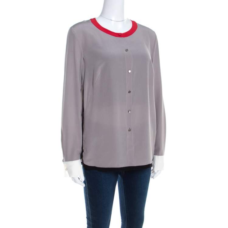 Pre Owned Escada Pewter Grey Silk Contrast Trim Long Sleeve Nendi Blouse M