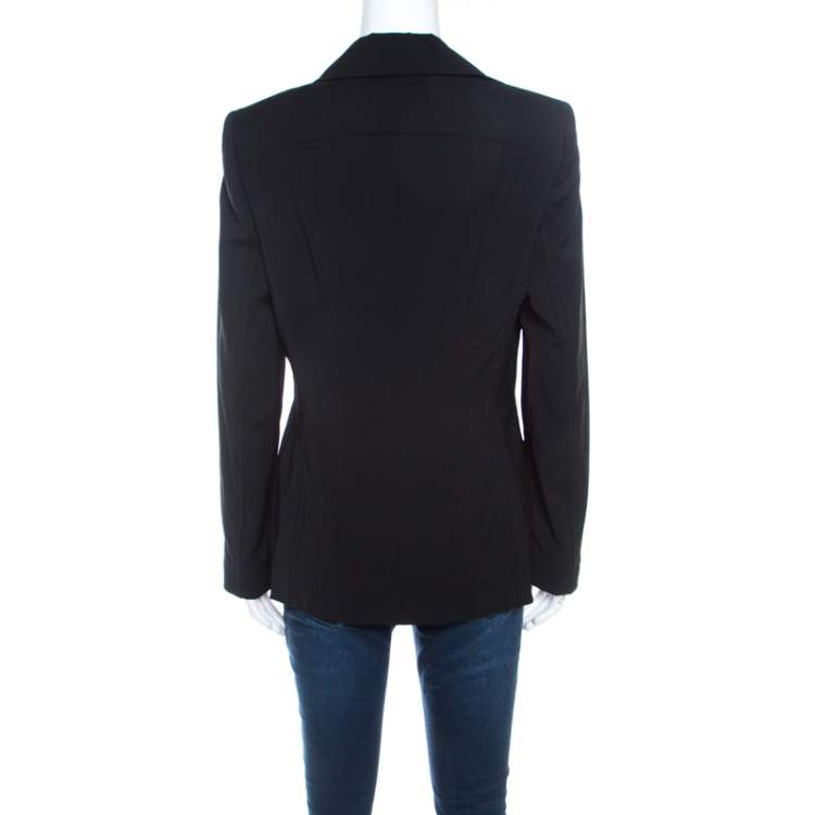 Pre Owned Escada Black Wool Crepe Ruffled Front Buttoned Jacket M
