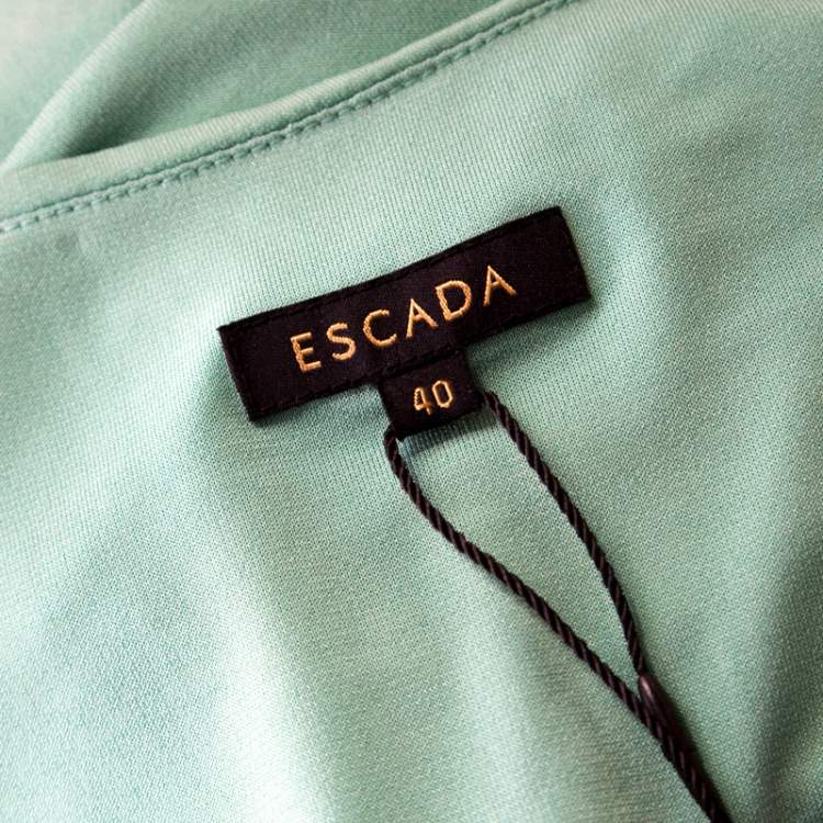 Pre Owned Escada Aqua Green Knit Ruched Draped Front Sleeveless Dress L