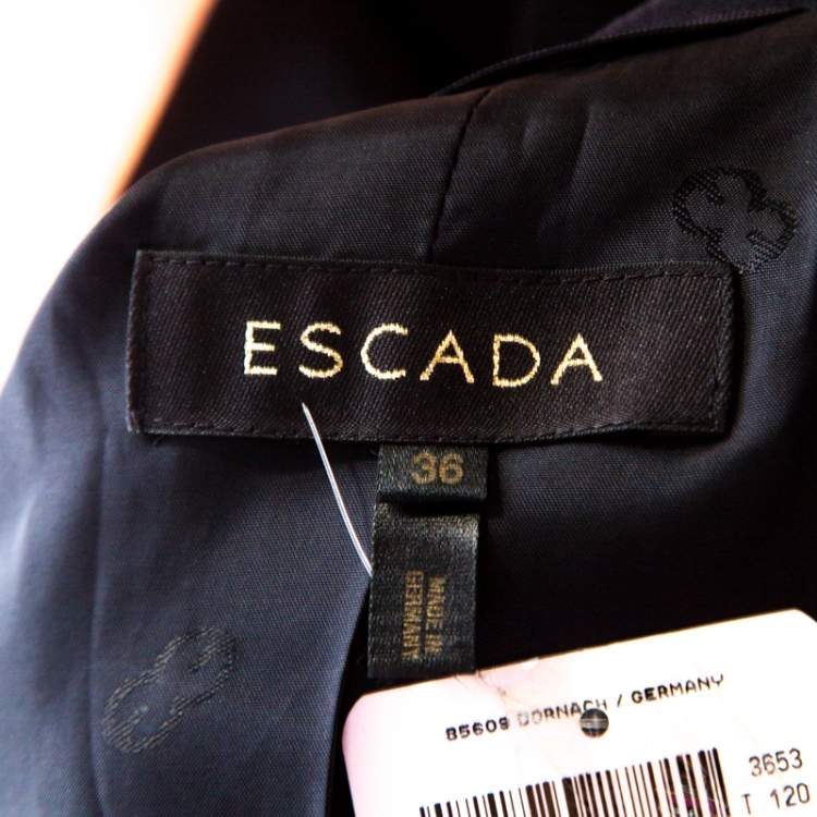 Pre Owned Escada Navy Blue Crepe Wool Embroidered Cuff Trim Button Front Blazer M