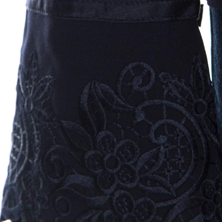 Pre Owned Escada Navy Blue Crepe Wool Embroidered Cuff Trim Button Front Blazer M