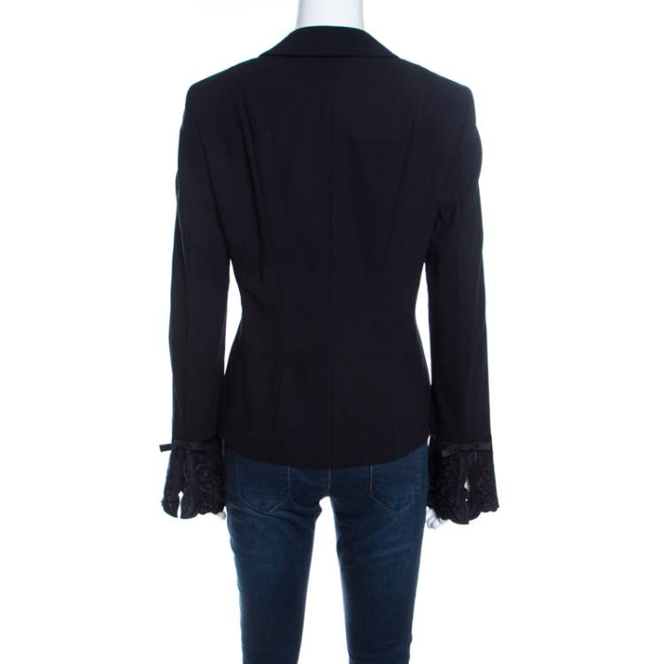 Pre Owned Escada Navy Blue Crepe Wool Embroidered Cuff Trim Button Front Blazer M