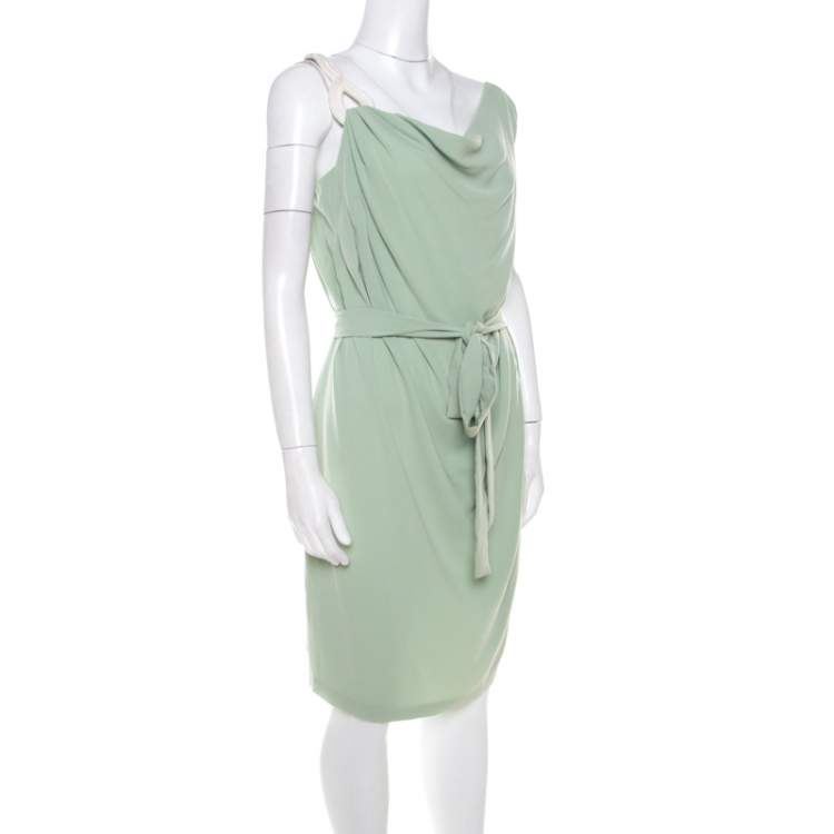Pre Owned Escada Pistachio Green Crepe Contrast Trim Draped Sleeveless Doutzen Dress L