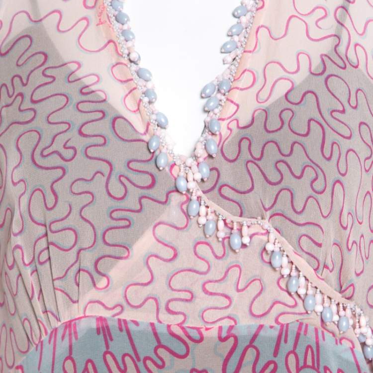 Pre Owned Escada Pink Abstract Print Crepe Silk Bead Embellished Kleid Maxi Dress M