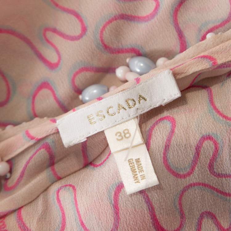 Pre Owned Escada Pink Abstract Print Crepe Silk Bead Embellished Kleid Maxi Dress M