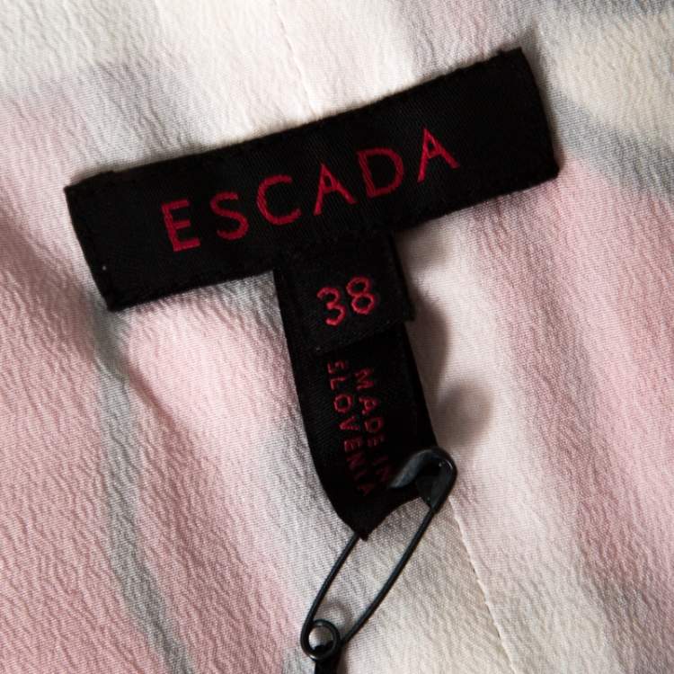 Pre Owned Escada Pink and White Abstract Print Silk Sleeveless Tie Up Dress M