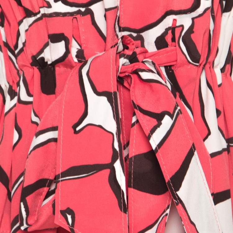Pre Owned Escada Pink and White Abstract Print Silk Sleeveless Tie Up Dress M