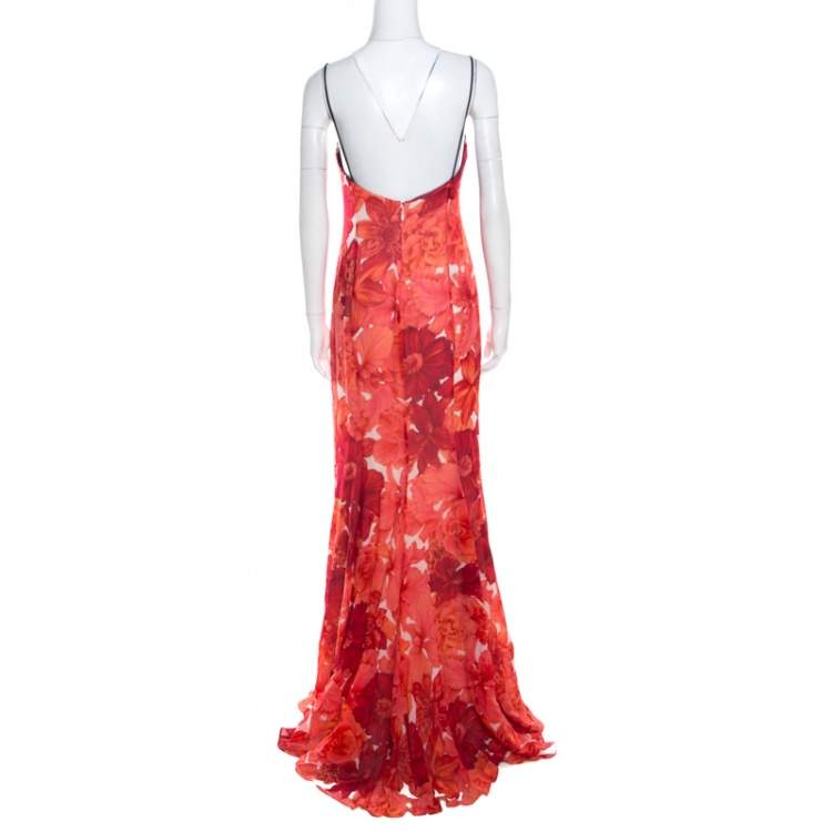 Pre Owned Escada Pink Floral Print Silk Corset Bodice Flared Abendkleid Maxi Dress M