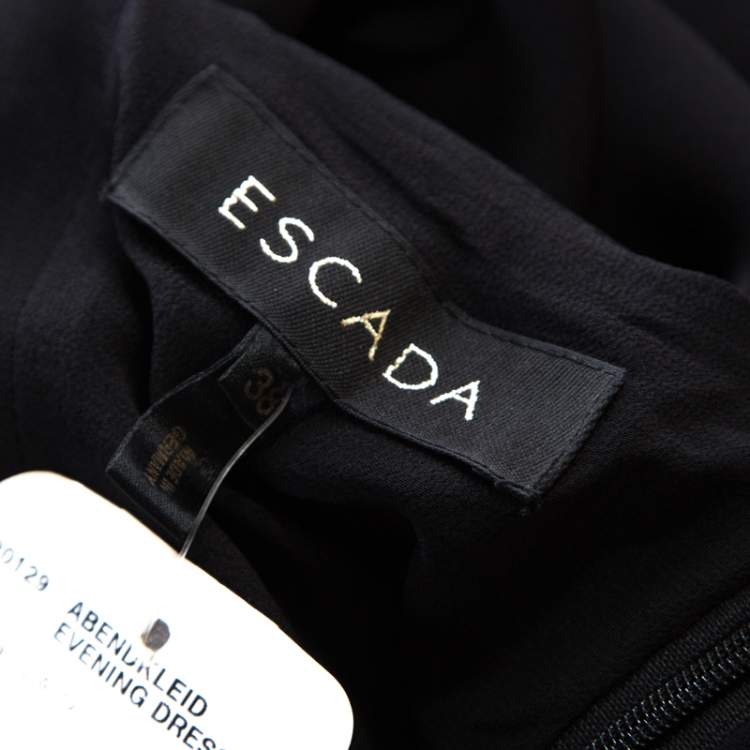 Pre Owned Escada Black Crepe Silk Sequin Embellished Fringed Hem Evening Dress M