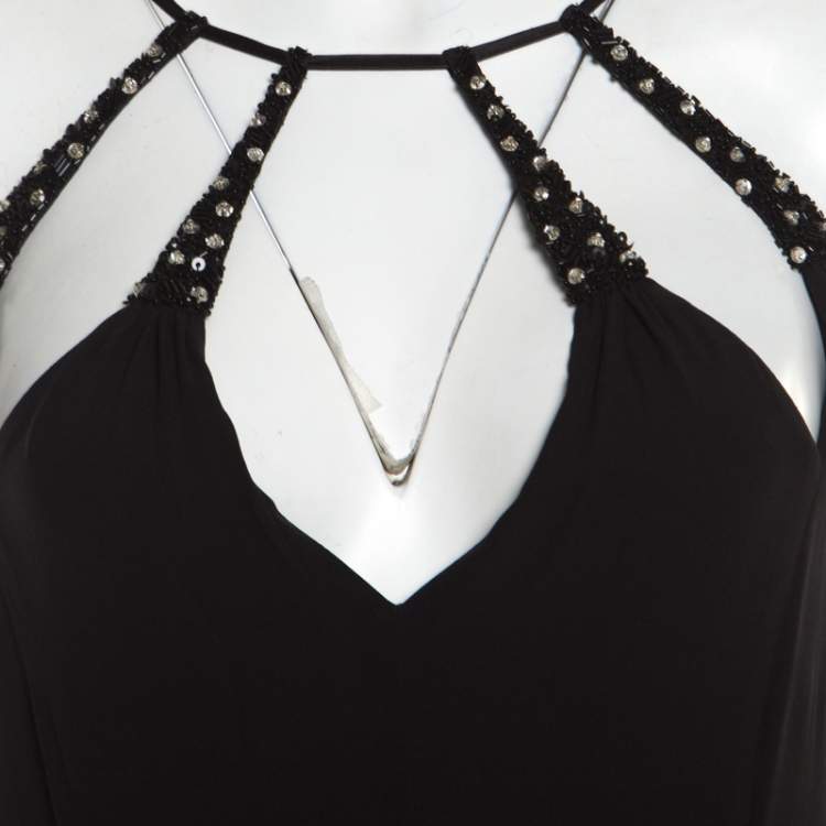 Pre Owned Escada Black Crepe Silk Sequin Embellished Fringed Hem Evening Dress M