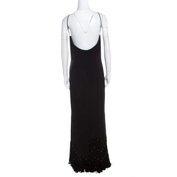 Pre Owned Escada Black Crepe Silk Sequin Embellished Fringed Hem Evening Dress M