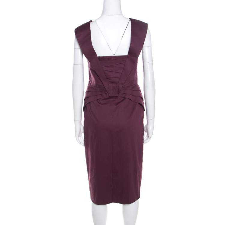 Pre Owned Escada Purple Cotton Stretch Pleated Bodice Detail Sleeveless Pencil Dress M