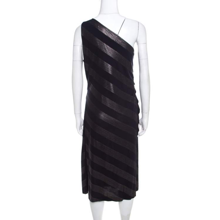 Pre Owned Escada Navy Blue Striped Foil Print Jersey Draped One Shoulder Eyline Dress M