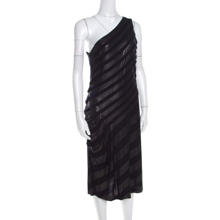 Pre Owned Escada Navy Blue Striped Foil Print Jersey Draped One Shoulder Eyline Dress M