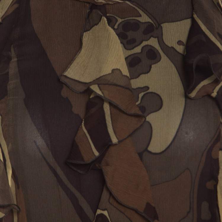 Pre Owned Escada Green and Brown Fauna Print Plisse Silk Ruffled Halter Maxi Dress M