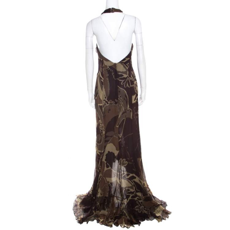 Pre Owned Escada Green and Brown Fauna Print Plisse Silk Ruffled Halter Maxi Dress M