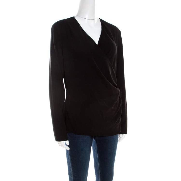 Pre Owned Escada Black Knit Ruched Crossover Front Long Sleeve Namie Top L
