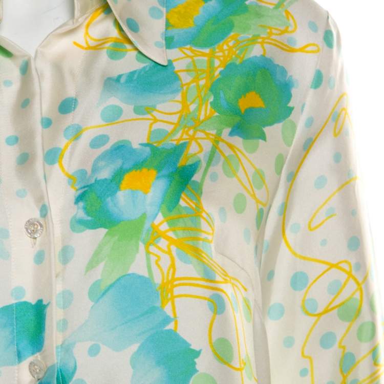 Pre Owned Escada Cream Floral Print Silk Button Front Shirt M