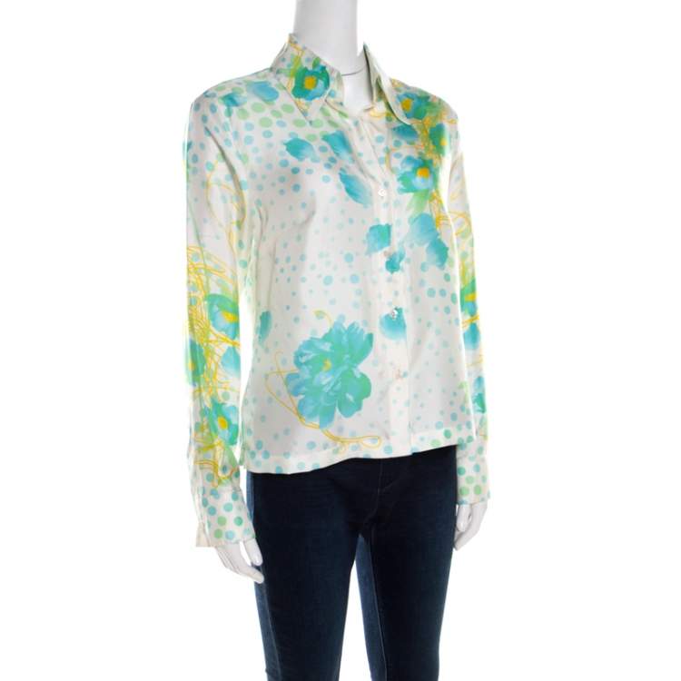 Pre Owned Escada Cream Floral Print Silk Button Front Shirt M