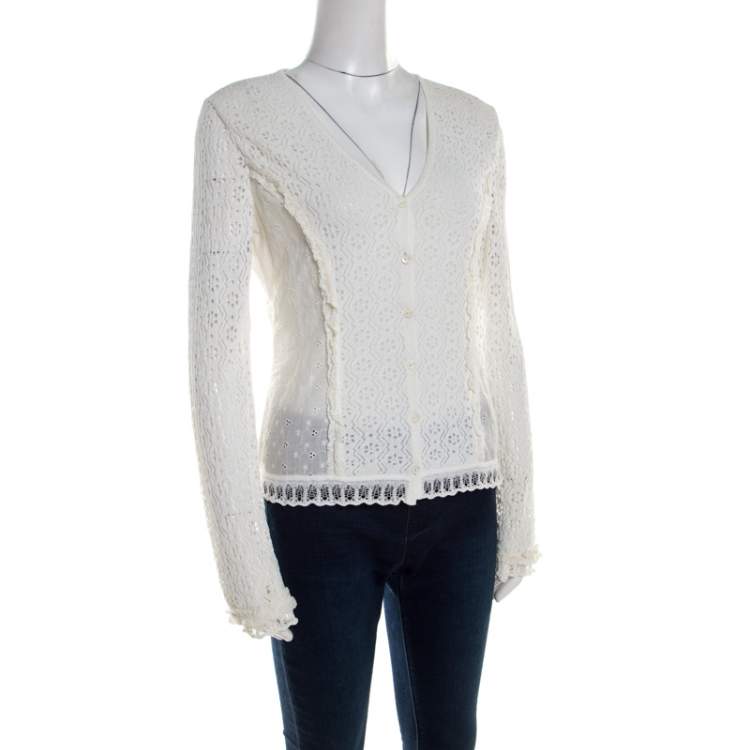 Pre Owned Escada Off White Multi Lace Paneled Long Sleeve Cardigan M