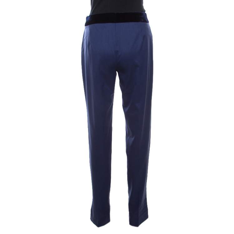 Pre Owned Escada Blue Stretch Wool Gabardine Velvet Trim High Waist Trousers M