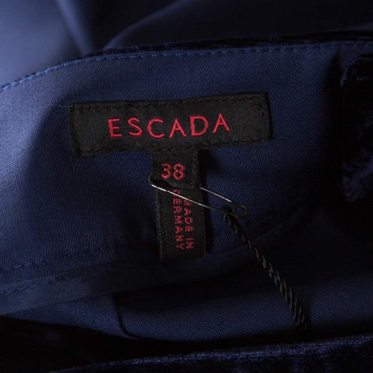 Pre Owned Escada Blue Stretch Wool Gabardine Velvet Trim High Waist Trousers M