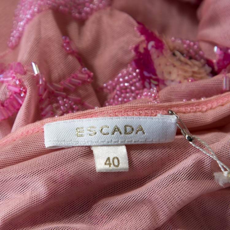 Pre Owned Escada Pink Tulle Overlay Floral Embellished Off Shoulder Blouse L