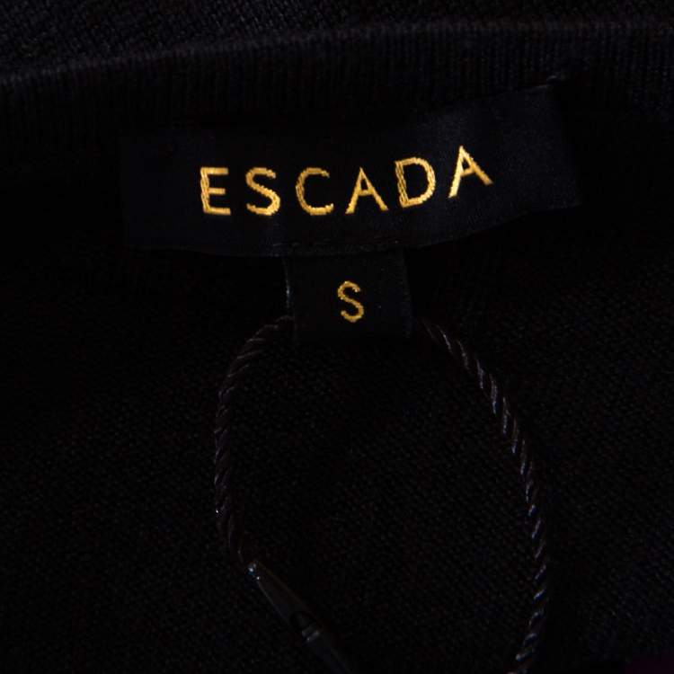 Pre Owned Escada Black Silk Wool Knit Floral Embroidered Long Sleeve Top S