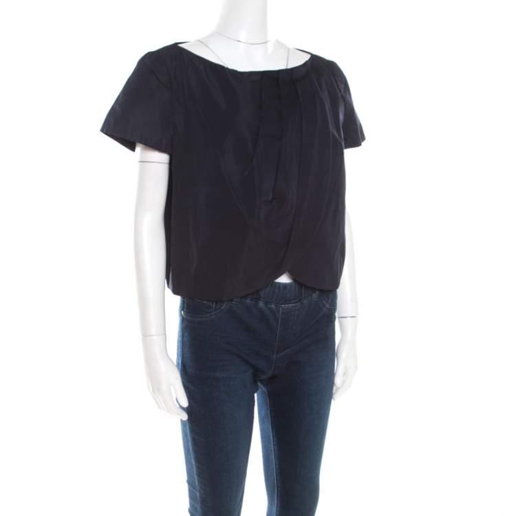 Pre Owned Escada Navy Blue Pleated Cross Over Cropped Tulip Jacket M
