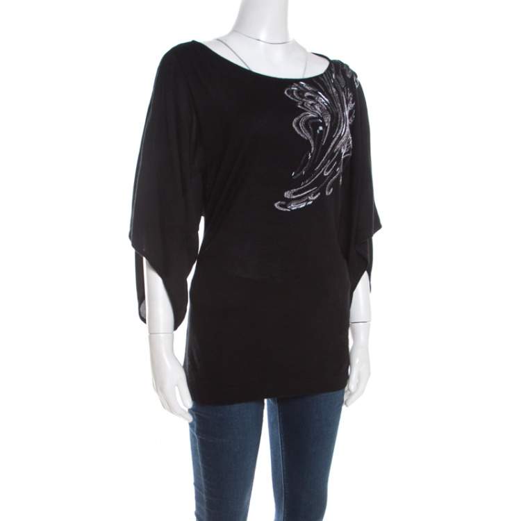Pre Owned Escada Black Stretch Knit Embellished Waterfall Sleeve Top M