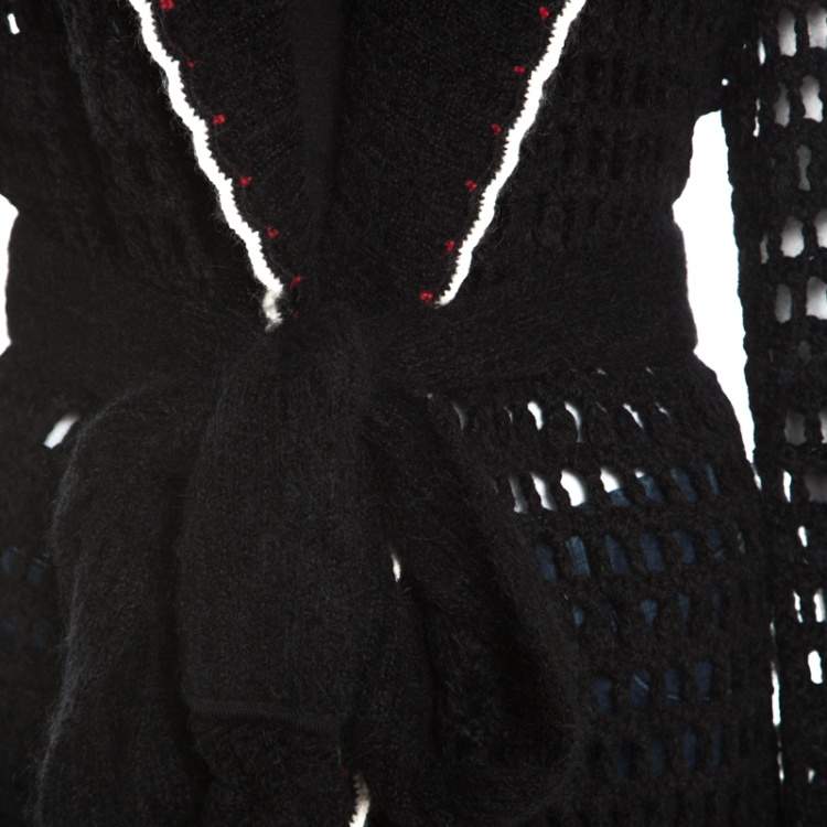 Pre Owned Escada Black Crochet Knit Floral Applique Scalloped Tassel Edge Long Cardigan L